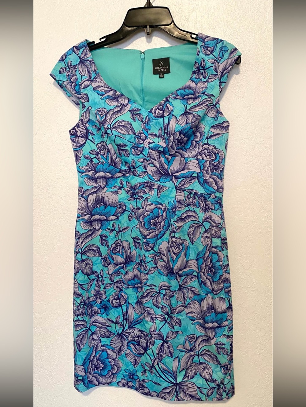 Adrianna Papell Teal Floral Cap Sleeve Dress 4P